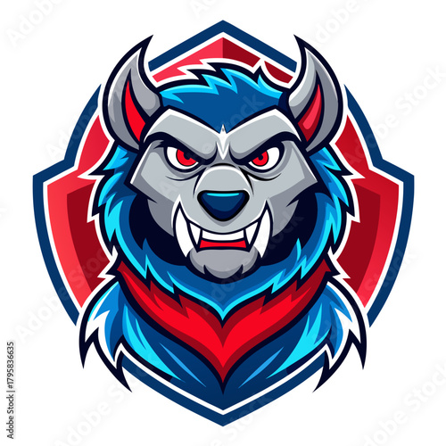 Aggressive werewolf mascot logo design with red and blue shield
