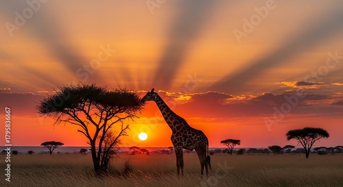 A majestic giraffe grazes near a tree, silhouetted against the African sunset. Dramatic light rays emanate from the setting sun