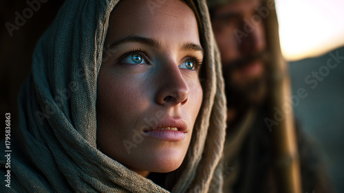 The Virgin Mary and Joseph are walking together. Biblical descriptions.  The New Testament.