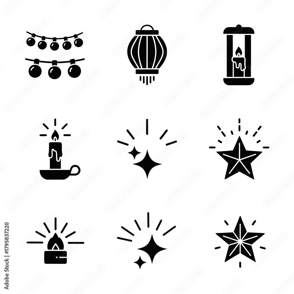 Obraz premium Icon set featuring candles and lanterns in minimalist black style