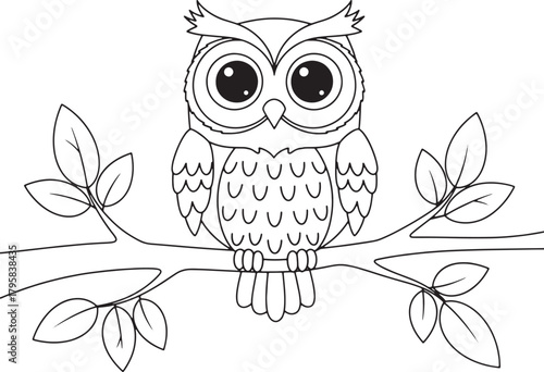 Cute cartoon owl sitting on a tree , line art illustration