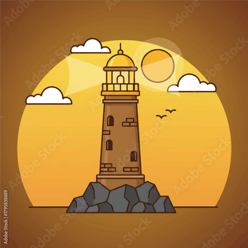 A cartoon lighthouse stands tall on rocks against a large yellow sun and cloudy sky