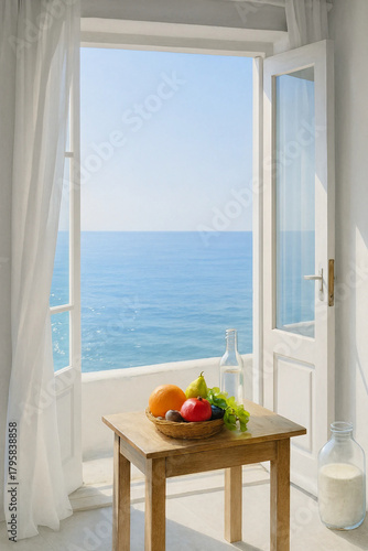 Cinematic Ocean view from an open window of a hotel or a resort. A wooden table with fruits and milk for leisure.