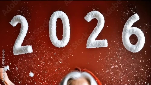 high detailed photorealistic happy smiling woman Santa holding the number 2026 made of snow in his hands on a red background, cinematic light