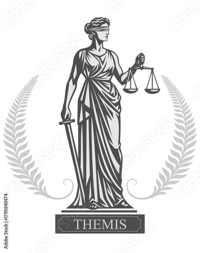 Vector illustration of Themis, Lady Justice Femida,
 the classical goddess of fairness and law,
 in a black and white silhouette style.