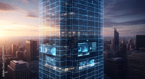 Futuristic Skyscraper with Digital Data Overlays in Cityscape at Sunset - Smart City Technology Concept