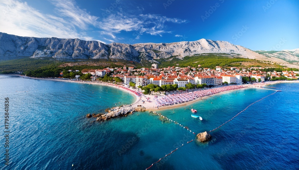 Fototapeta premium aerial view of vela plaza beach in baska town krk island croatia vela plaza beach baska town