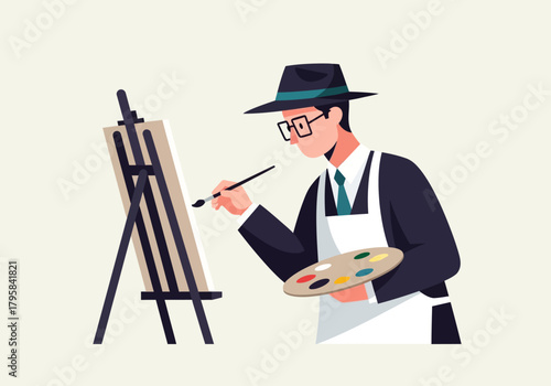 Cartoon Artist Painting on Canvas with Easel and Palette