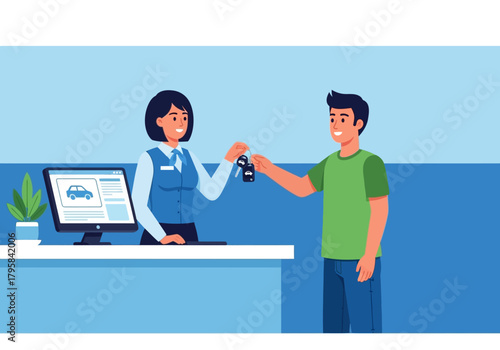 Car Rental Service: Woman Handing Keys to Customer at Counter