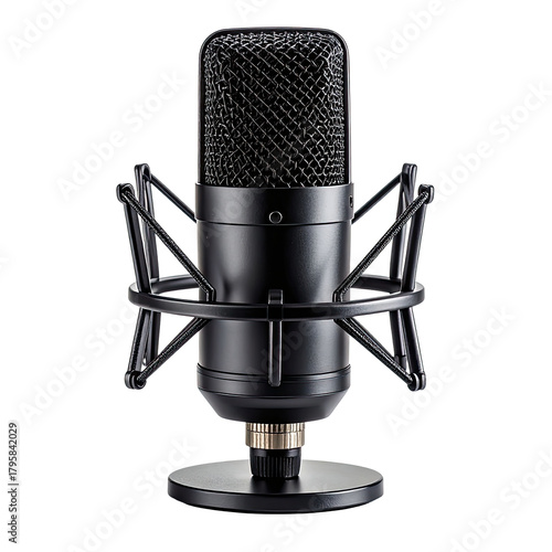 Black studio microphone in shock mount. Isolated, professional audio tool