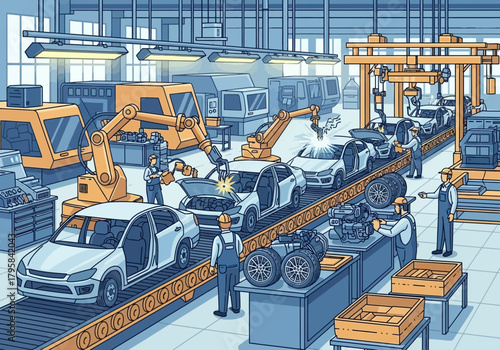 Automotive Assembly Line: Car Production with Robotic Arms and Workers