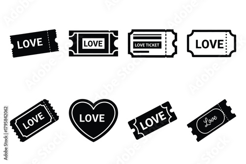love ticket silhouette valentine vector icon set.