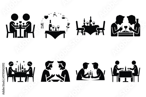 romantic dinner silhouette valentine vector icon set.