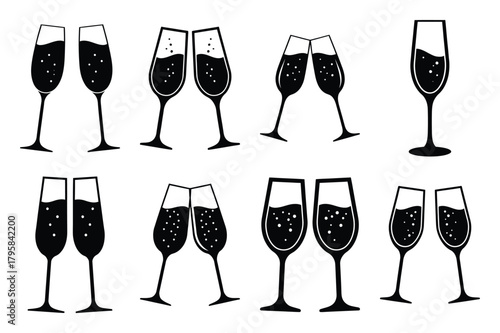 champagne glasses silhouette valentine vector icon set.