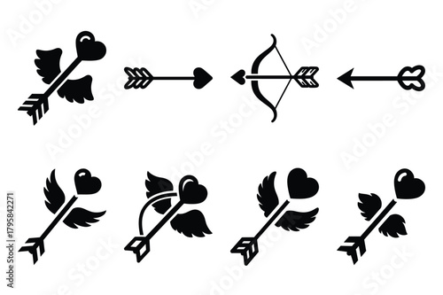 cupid arrow silhouette valentine vector icon set.