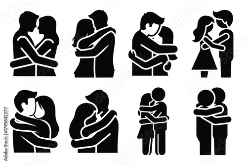 couple hug silhouette valentine vector icon set.