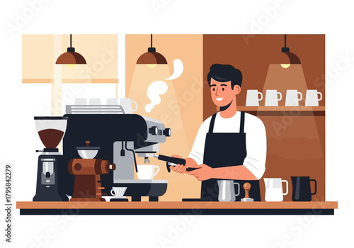 Barista Preparing Coffee with Espresso Machine in Cafe