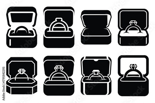 engagement ring box silhouette valentine vector icon set.
