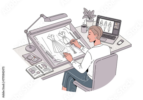 Fashion Designer Sketching Dress Designs at Her Desk