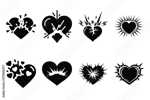 heart explosion silhouette valentine vector icon set.