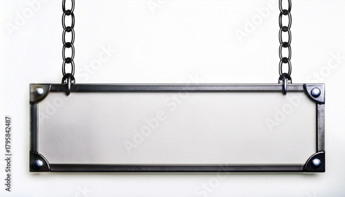 blank white rectangular hanging sign with black metal bar and chains isolated on white background copy space