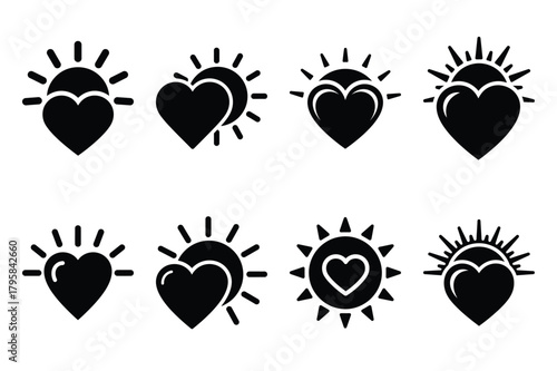heart sun silhouette valentine vector icon set.