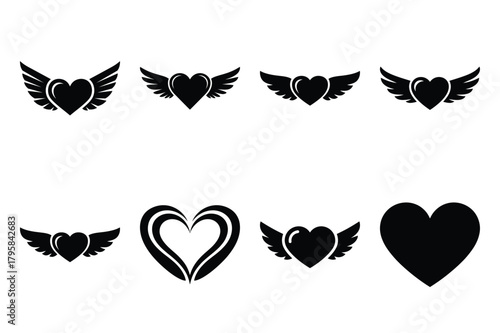 heart wings silhouette valentine vector icon set.