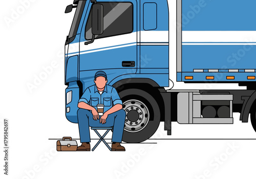 Truck Driver Resting with Coffee by Blue Semi-Truck