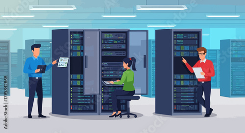 Data Center Technicians Working on Servers in a Room