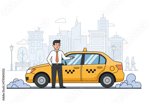 Cartoon Taxi Driver with Yellow Cab in Cityscape
