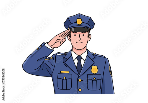 Cartoon Policeman in Blue Uniform Saluting with Respect and Honor