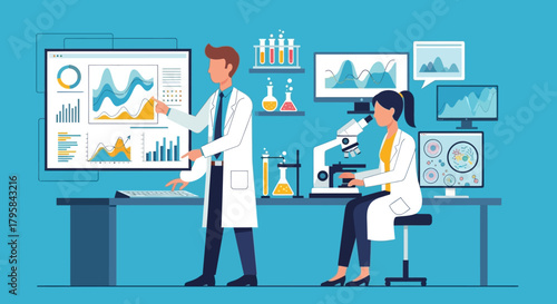 Scientists in Laboratory Analyzing Data and Conducting Research with Microscope