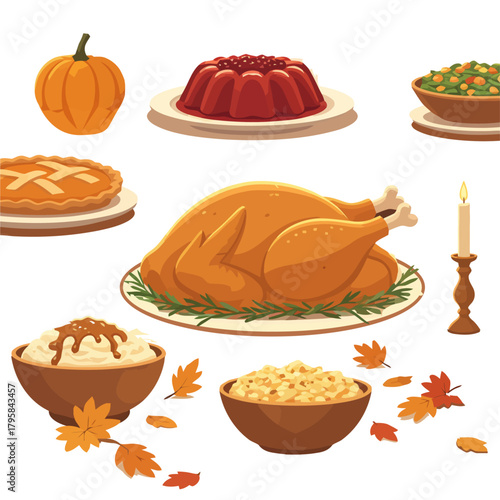 Festive Thanksgiving dinner illustration with roasted turkey, pumpkin pie, autumn sides, and fall leaves on a white background.