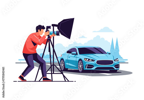 Professional Car Photography: Photographer Capturing a Sleek Blue Coupe