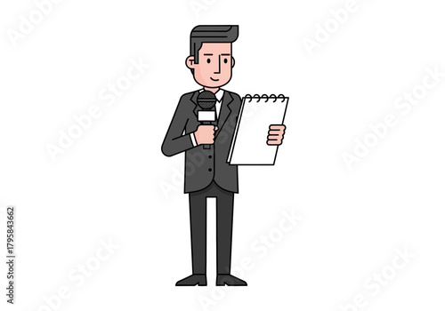 Cartoon Man in Suit Holding Microphone and Notepad