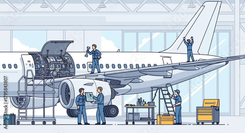 Airplane Maintenance Crew Working on Jet Engine in Hangar