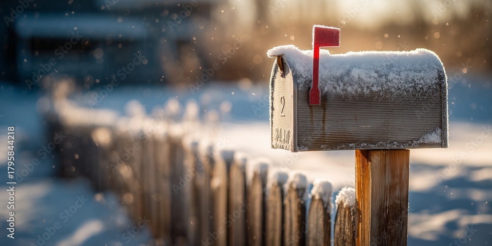 Naklejka premium Red mailbox with raised flag covered in fresh snow on wooden post by fence in golden winter sunlight. Serene snowy holiday mail anticipation, peaceful rural Christmas vibe.