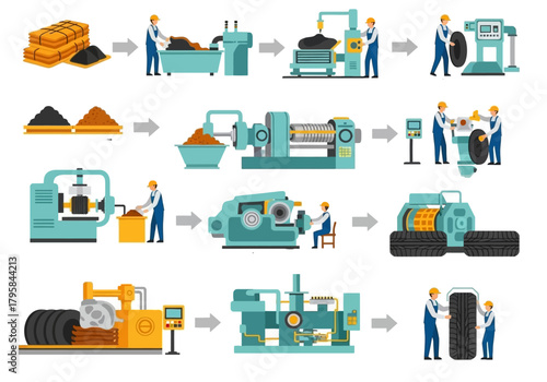 Tire Manufacturing Process: A Step-by-Step Flat Vector Illustration of Tire Production