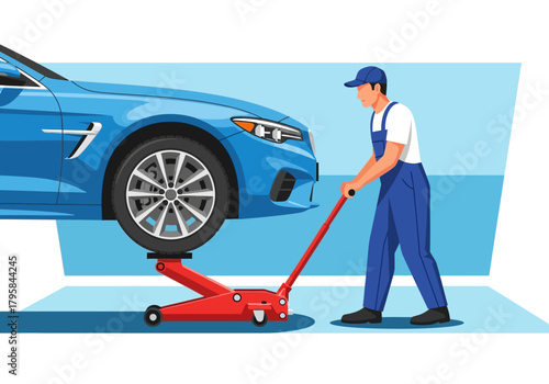 Mechanic Using Hydraulic Jack to Lift Blue Car for Repair