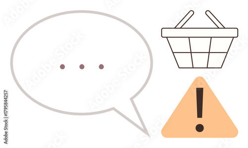 Speech bubble with ellipsis, shopping basket, and triangular warning symbol with exclamation mark. Ideal for digital commerce, alerts, user interface, feedback, caution, communication simple flat