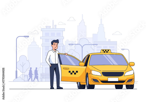 Cartoon Illustration of a Yellow Taxi Cab with Driver in Cityscape