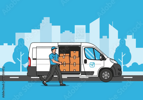 Delivery Man Unloading Boxes from a White Van in Cityscape Illustration