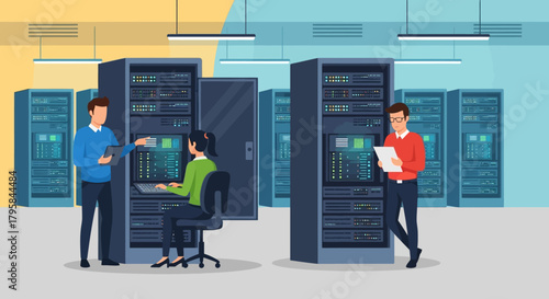 Data Center Team Working on Server Maintenance and Network Infrastructure