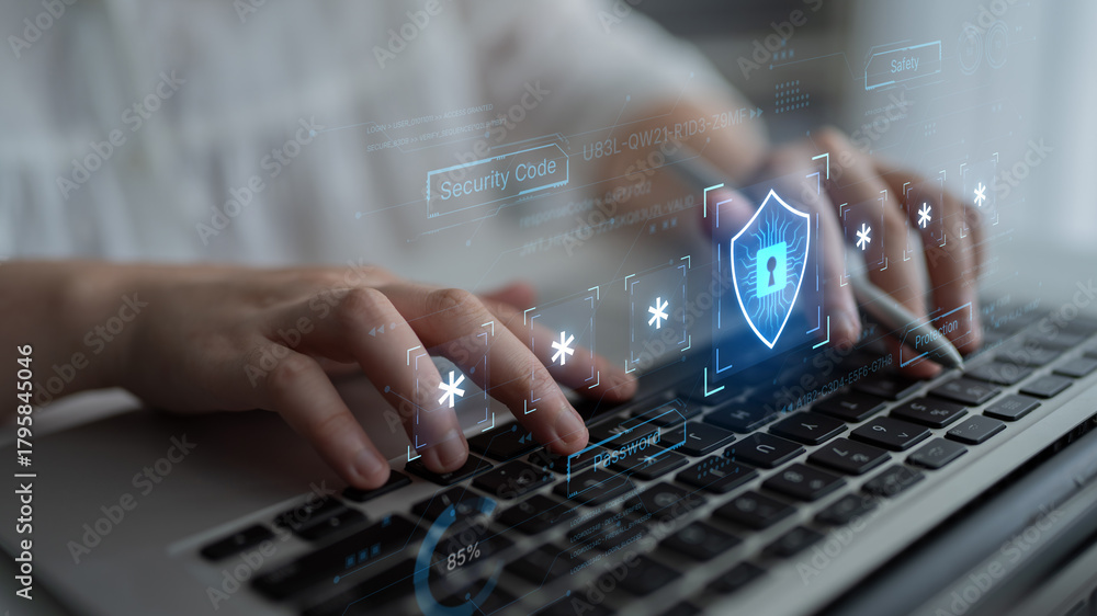 Fototapeta premium A concept of an advanced cybersecurity system. The futuristic interface shows a multi-factor authentication process using a secure password or PIN for enhanced data protection. Fermion