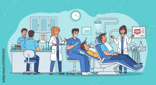 Dental Clinic Scene with Doctors and Patients in Examination Rooms
