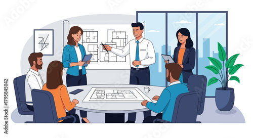 Architectural Team Reviewing Blueprints in a Modern Office Setting