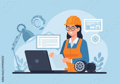 Female Engineer Working on Laptop with Blueprint and Hard Hat