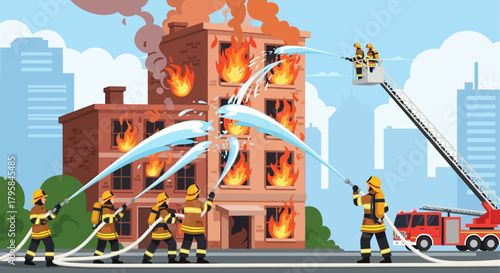 Firefighters Extinguishing Flames on a Burning Building with Water Hoses