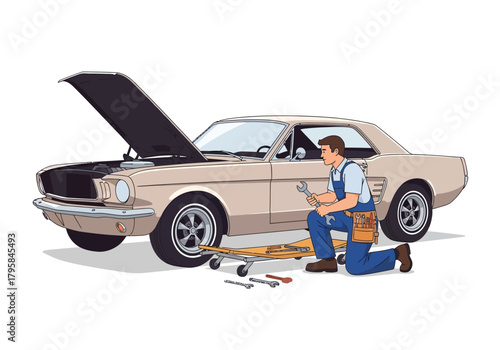 Classic Car Repair: Mechanic Working on Vintage Vehicle