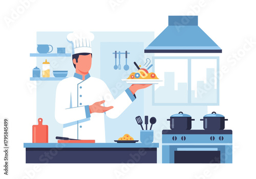 Chef Presenting Pasta Dish in Kitchen Illustration